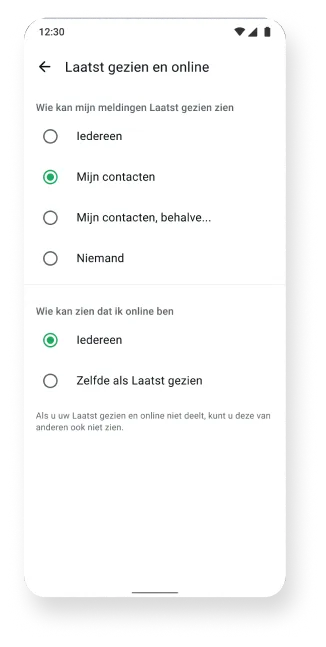 screenshot van functie laatst gezien en online in whatsapp-app