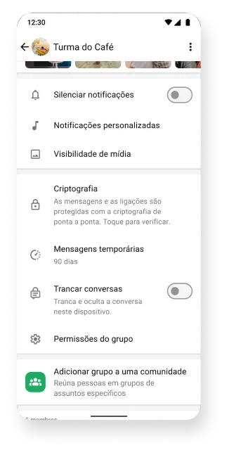 plataforma do WhatsApp mostrando grupos com recursos de criptografia silenciosa e de mensagens temporárias