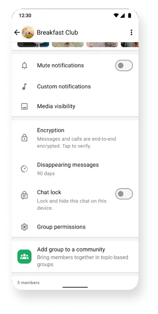 whatsapp platform showing groups with mute encryption and disappearing messages features