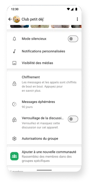 plateforme whatsapp montrant les fonctionnalités mode silencieux, chiffrement et messages éphémères des groupes