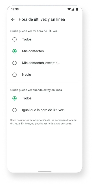 Captura de pantalla de la función “Hora de últ. vez y En línea” en la aplicación de WhatsApp