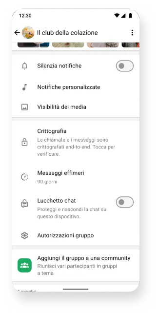 piattaforma WhatsApp che mostra gruppi con funzioni di crittografia disattivata e messaggi effimeri