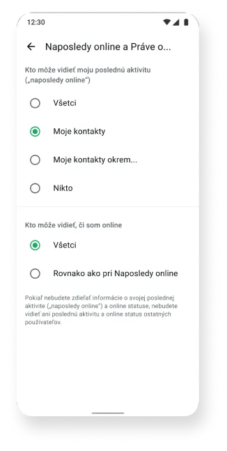 snímka obrazovky funkcie naposledy online a online v aplikácii whatsapp