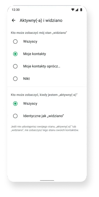 zrzut ekranu funkcji „widziano” i „aktywny(-a)” w aplikacji whatsapp
