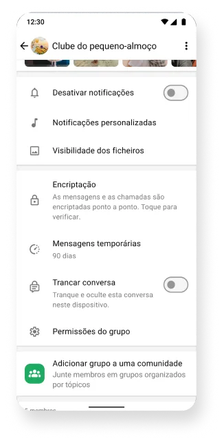 plataforma do whatsapp a mostrar as funcionalidades de encriptação silenciosa e mensagens temporárias