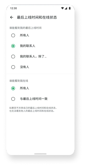WhatsApp 应用中最后上线时间和在线状态功能的截图