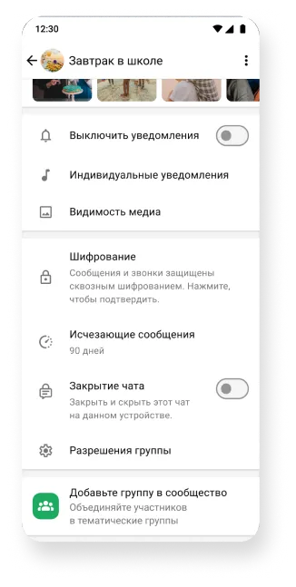 экран WhatsApp, на котором показаны функции "Без звука", "Шифрование" и "Исчезающие сообщения" для группы