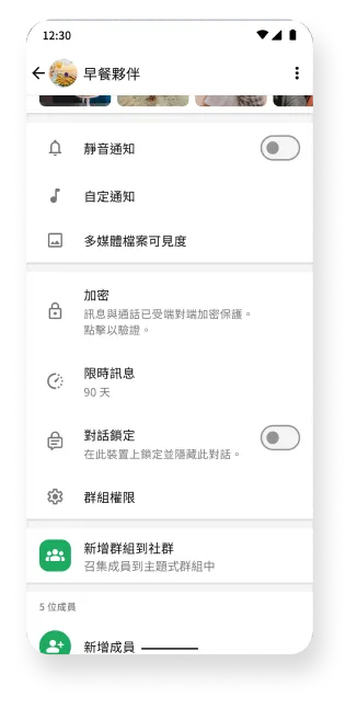 顯示群組靜音、加密和限時訊息功能的 WhatsApp 平台