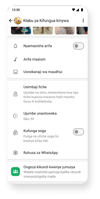 jukwaa la whatsapp linaloonyesha vikundi vilivyo na usimbaji bubu na vipengele vya ujumbe unaotoweka