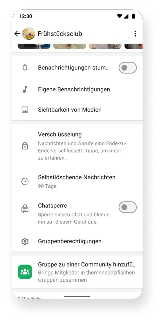 WhatsApp-Plattform, auf der Gruppen mit der Stummschalten-Funktion und der Funktion für selbstlöschende Nachrichten zu sehen sind