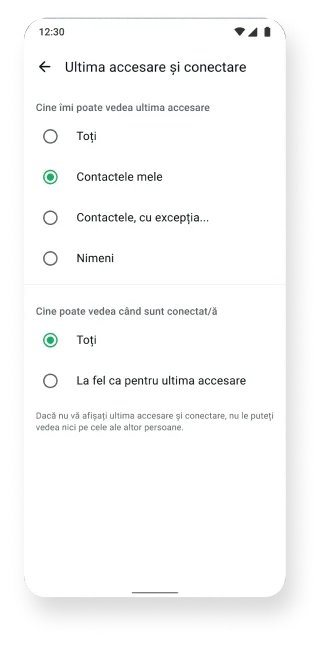 captură de ecran cu funcția de ultimă accesare și starea online în aplicația whatsapp