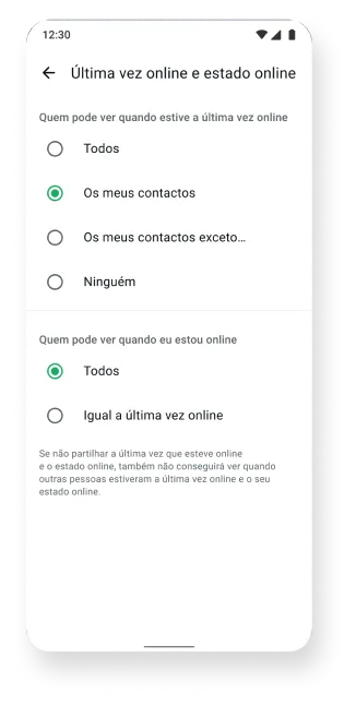 captura de ecrã da funcionalidade online e última vez online na app whatsapp