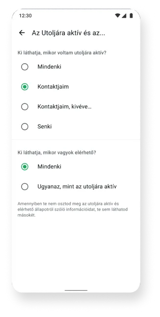 képernyőkép az utoljára aktív és elérhető funkcióról a whatsapp alkalmazásban