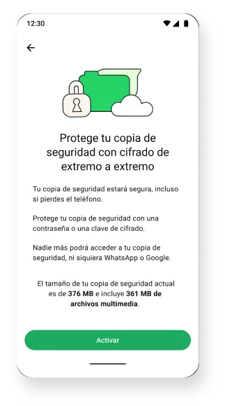 Captura de pantalla de la función de copias de seguridad cifradas de extremo a extremo que se ejecuta en segundo plano