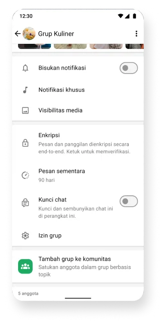 platform whatsapp yang menampilkan grup dengan fitur enkripsi bisukan dan pesan sementara