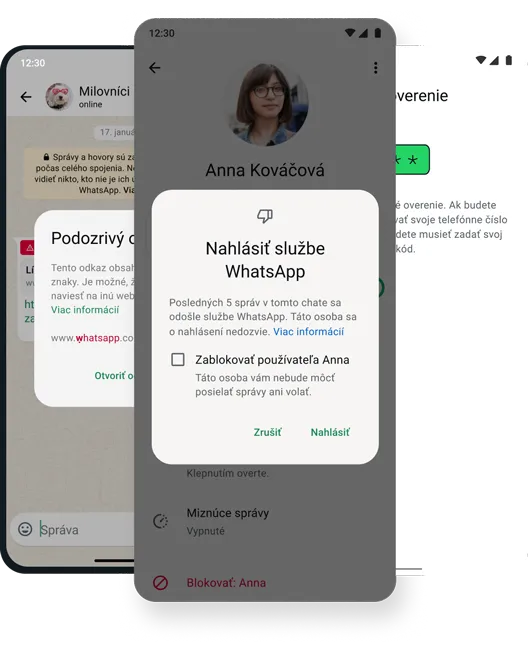 snímka obrazovky bezpečnostnej funkcie blokovania a odstránenia v aplikácii whatsapp