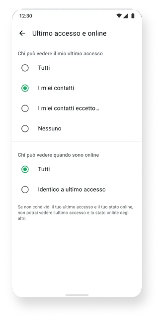 screenshot della funzione ultimo accesso e stato online sull'app WhatsApp