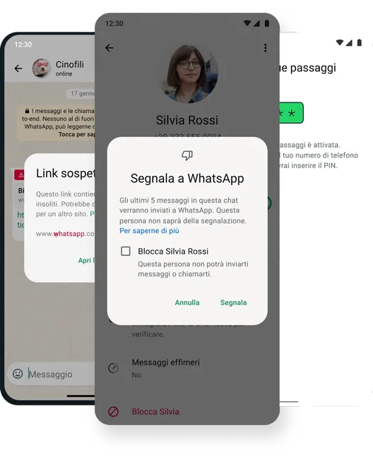 screenshot della funzione blocca ed elimina di sicurezza e protezione sull'app WhatsApp