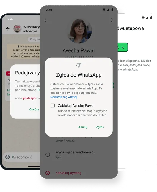 zrzut ekranu pokazujący funkcję blokowania i usuwania czatu w aplikacji whatsapp