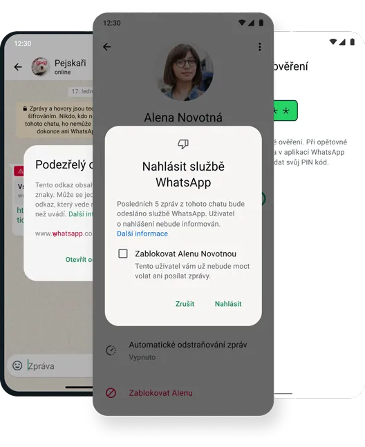 snímek obrazovky bezpečnostní funkce odstranění a blokování v aplikaci WhatsApp