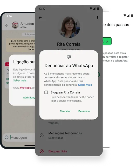 captura de ecrã da funcionalidade de bloqueio e eliminação de segurança e proteção na app whatsapp