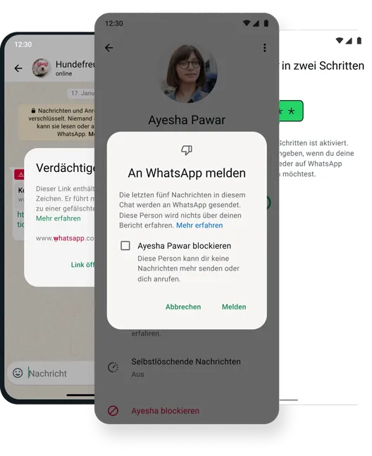 Screenshot der Sicherheitsfunktion zum Blockieren und Löschen in der WhatsApp-App