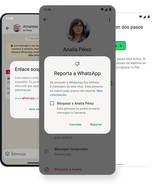 Captura de pantalla de la función de seguridad y protección relacionada con la opción de bloquear y eliminar en la aplicación de WhatsApp