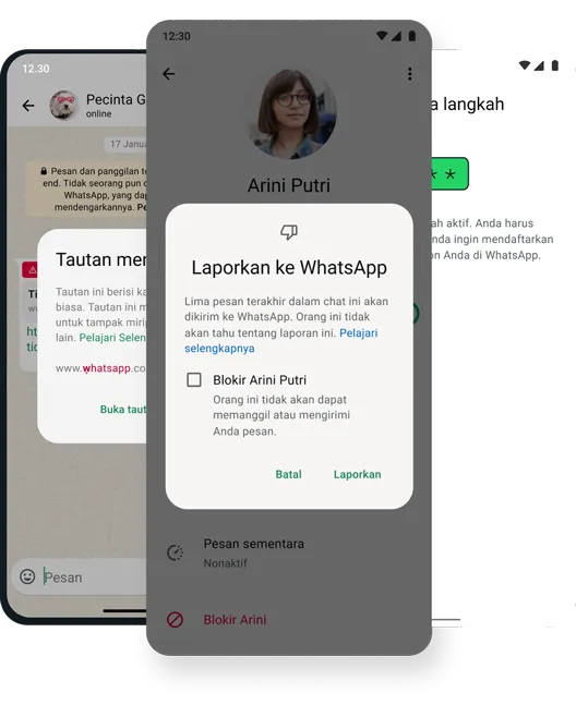tangkapan layar dari fitur keamanan dan keselamatan blokir dan hapus di aplikasi whatsapp