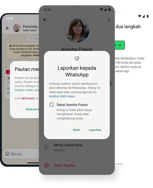 tangkapan skrin menyekat dan memadam ciri keselamatan dan keterjaminan pada aplikasi whatsapp