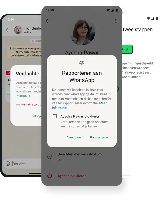screenshot van beveiligings- en veiligheidsfunctie voor blokkeren en verwijderen in de whatsapp-app
