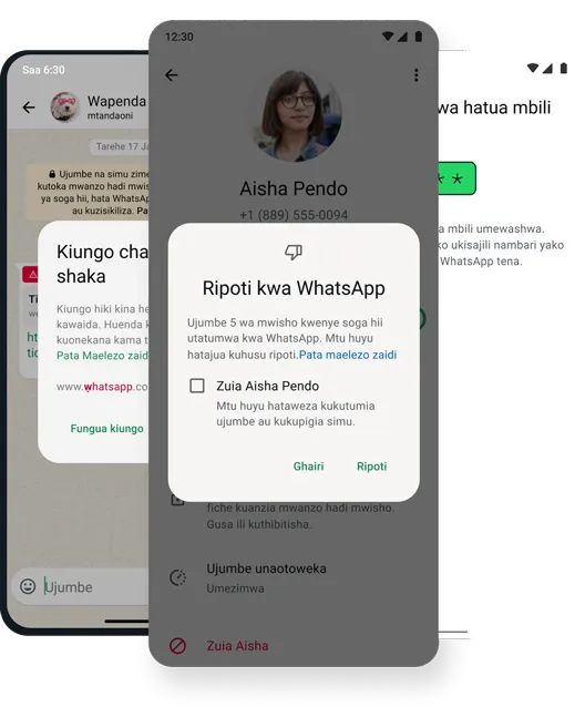 picha ya skrini ya kipengele cha ulinzi na usalama cha kuzuia na kufuta kwenye programu ya whatsapp