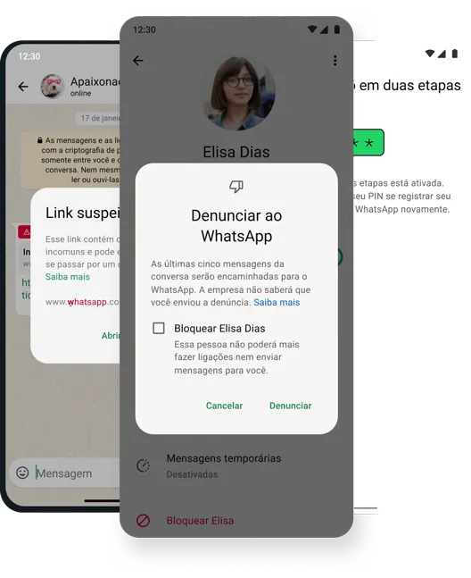captura de tela do recurso de bloqueio e exclusão de segurança e proteção no app WhatsApp