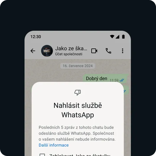 uživatel nahlašující problematický kontakt nebo zprávu, aby byl v aplikaci WhatsApp nadále v bezpečí