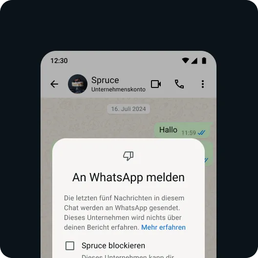 Person meldet einen problematischen Kontakt oder eine problematische Nachricht, um ein sicheres WhatsApp-Erlebnis zu gewährleisten.