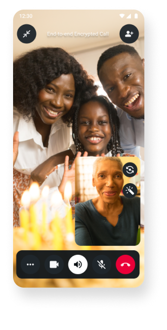 screenshot of end to end encrypted video call of user connecting with their family through video