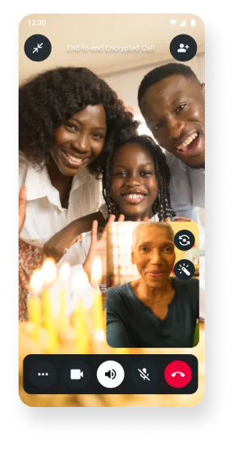 screenshot of end to end encrypted video call of user connecting with their family through video