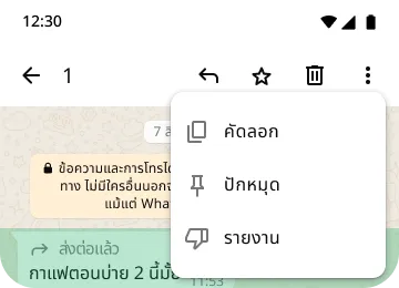 ตัวอย่างฟีเจอร์คัดลอก PIN และรายงานบน WhatsApp เพื่อปกป้องความเป็นส่วนตัวและความปลอดภัยของคุณ