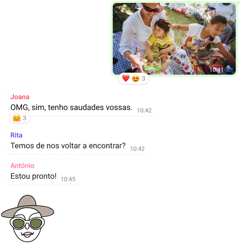 captura de ecrã da funcionalidade de conversa de grupo do WhatsApp, incluindo uma troca de fotos e mensagens