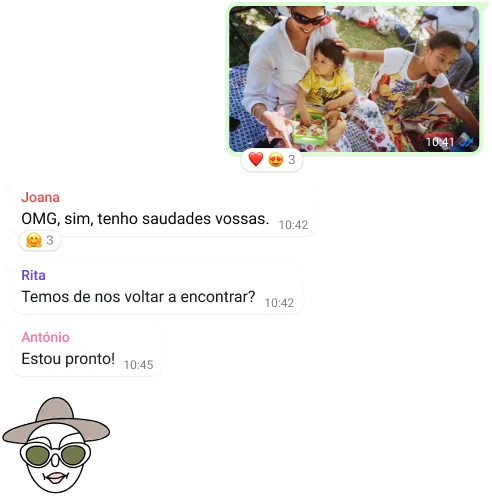 captura de ecrã da funcionalidade de conversa de grupo do WhatsApp, incluindo uma troca de fotos e mensagens