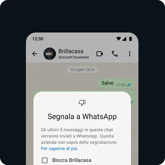utente che segnala un messaggio o un contatto problematico per mantenere l'esperienza whatsapp sicura