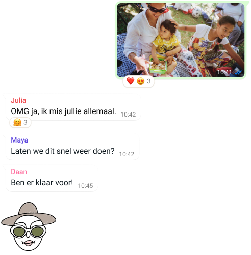 screenshot van whatsapp-functie voor groepsgesprek met uitwisseling van foto's en chatberichten