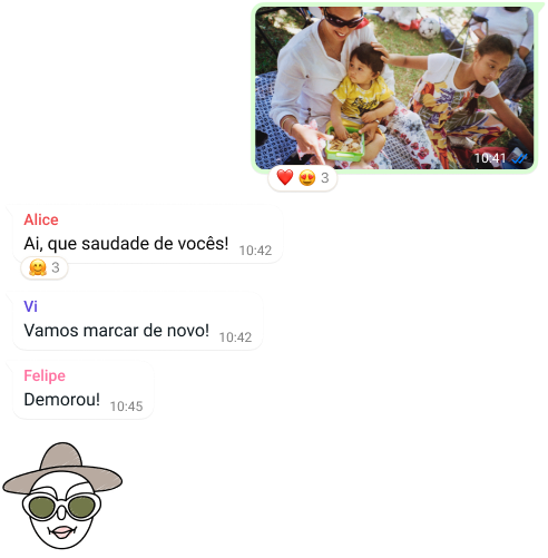 captura de tela do recurso de conversa em grupo do WhatsApp, incluindo troca de fotos e mensagens
