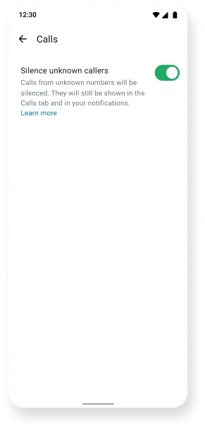 screenshot of silence unknown caller feature in whatsapp app