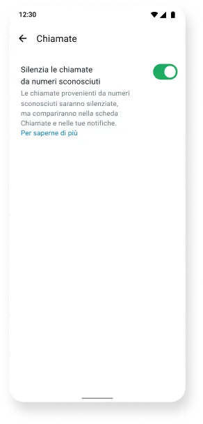 screenshot della funzione Silenzia le chiamate dai numeri sconosciuti nell'app WhatsApp