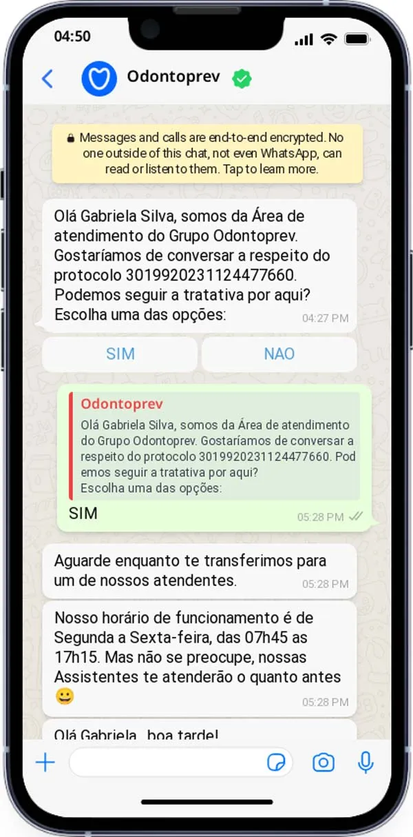 An example of odontoprev showcasing their customer service team engagement with WhatsApp