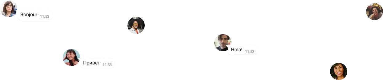 bubbles of text saying hello in different languages with individual users icons