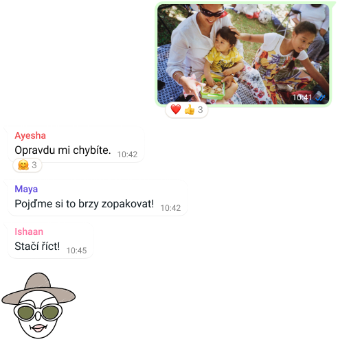 snímek obrazovky funkce skupinových konverzací v aplikaci WhatsApp, včetně vzájemného posílání fotek a zpráv