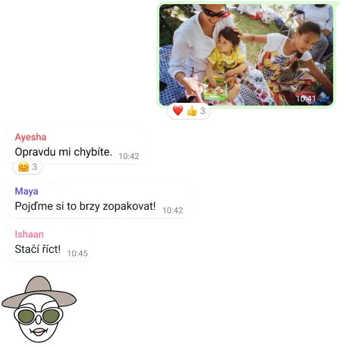 snímek obrazovky funkce skupinových konverzací v aplikaci WhatsApp, včetně vzájemného posílání fotek a zpráv