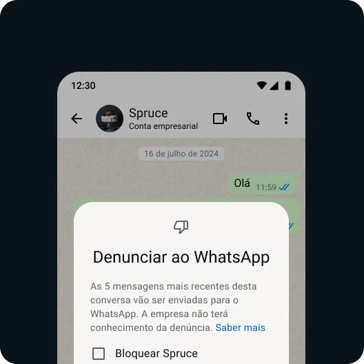 utilizador a denunciar uma mensagem ou contacto problemático para manter uma experiência segura no whatsapp