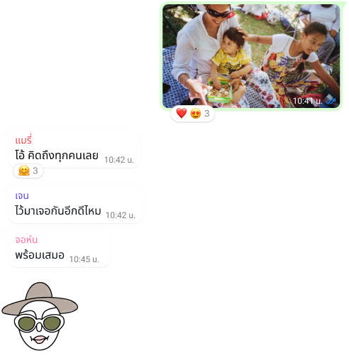 ภาพหน้าจอของฟีเจอร์การสนทนาแบบกลุ่มบน WhatsApp รวมถึงการแลกเปลี่ยนรูปภาพและข้อความ